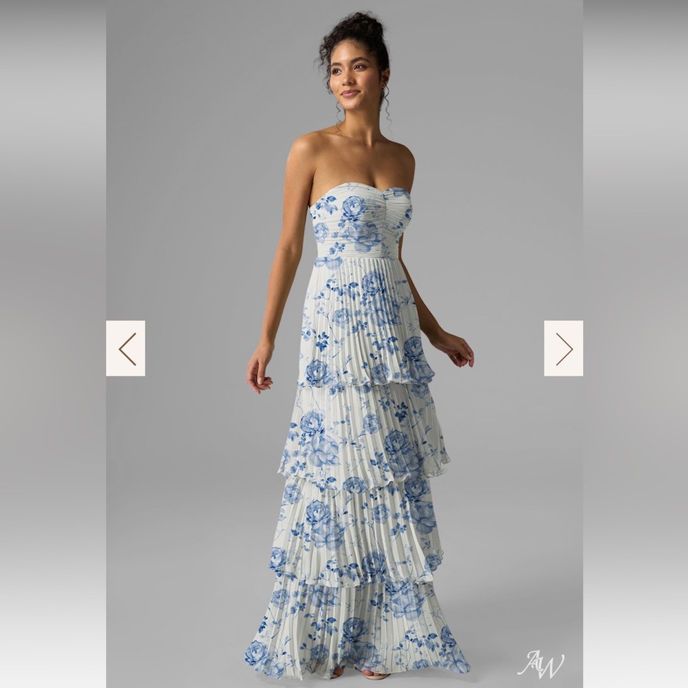 Strapless Blue Floral Tiered Maxi Dress
